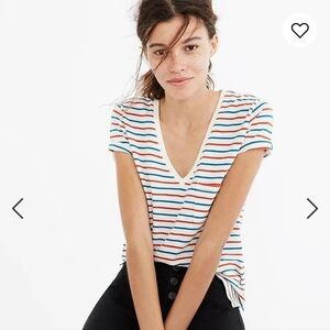 Madewell Whisper Cotton V-Neck Pocket Tee in Brion Stripe h7106 small